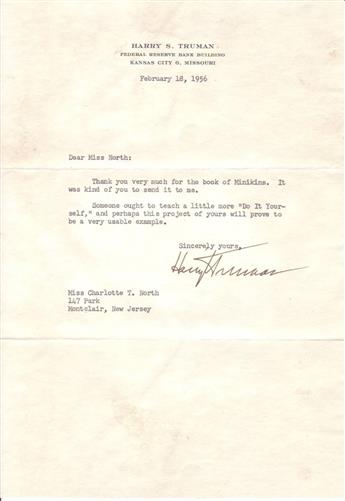 TRUMAN, HARRY S. Two Typed Letters Signed, to Charlotte T. North,